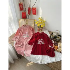 Áo dài cách tân cho bé gái, set 3ct áo nhung mềm thêu đoá sen kèm quần lụa và túi vải cho bé 10-30kg