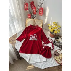 Áo dài cách tân cho bé gái, set 3ct áo nhung mềm thêu đoá sen kèm quần lụa và túi vải cho bé 10-30kg