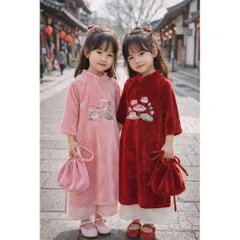 Áo dài cách tân cho bé gái, set 3ct áo nhung mềm thêu đoá sen kèm quần lụa và túi vải cho bé 10-30kg