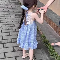 Váy cho bé gái, váy 2 dây maxi caro xanh dương phối ren nhẹ nhàng cho bé 10-30kg