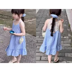 Váy cho bé gái, váy 2 dây maxi caro xanh dương phối ren nhẹ nhàng cho bé 10-30kg