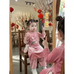 Áo dài cách tân cho bé gái, set 3ct áo nhung mềm thêu đoá sen kèm quần lụa và túi vải cho bé 10-30kg