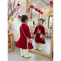 Áo dài cách tân cho bé gái, set 3ct áo nhung mềm thêu đoá sen kèm quần lụa và túi vải cho bé 10-30kg
