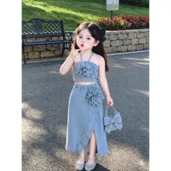 Váy cho bé gái, set áo cổ yếm kèm chân váy jean dáng dài chất Jean mềm gắn tag hoa cho bé 10-35kg