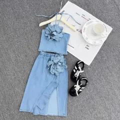Váy cho bé gái, set áo cổ yếm kèm chân váy jean dáng dài chất Jean mềm gắn tag hoa cho bé 10-35kg