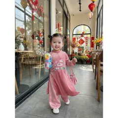 Áo dài cách tân cho bé gái, set 3ct áo nhung mềm thêu đoá sen kèm quần lụa và túi vải cho bé 10-30kg