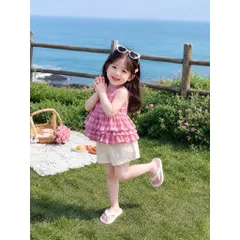 Quần áo bé gái, set áo thô kẻ Peplum 2 tấng kèm quần short đùi cho bé 10-30kg