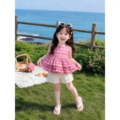 Quần áo bé gái, set áo thô kẻ Peplum 2 tấng kèm quần short đùi cho bé 10-30kg