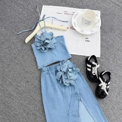 Váy cho bé gái, set áo cổ yếm kèm chân váy jean dáng dài chất Jean mềm gắn tag hoa cho bé 10-35kg