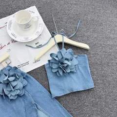 Váy cho bé gái, set áo cổ yếm kèm chân váy jean dáng dài chất Jean mềm gắn tag hoa cho bé 10-35kg
