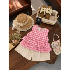 Quần áo bé gái, set áo thô kẻ Peplum 2 tấng kèm quần short đùi cho bé 10-30kg