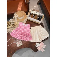 Quần áo bé gái, set áo thô kẻ Peplum 2 tấng kèm quần short đùi cho bé 10-30kg