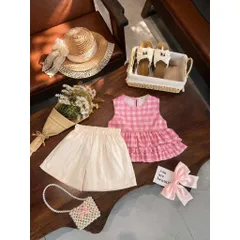 Quần áo bé gái, set áo thô kẻ Peplum 2 tấng kèm quần short đùi cho bé 10-30kg