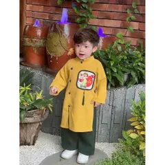 Áo dài cách tân cho bé, set áo dài nhung lì thêu đắp chữ “ An” kèm quần lụa cho bé trai 10-30kg