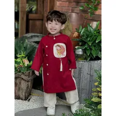 Áo dài cách tân cho bé, set áo dài nhung lì thêu đắp chữ “ An” kèm quần lụa cho bé trai 10-30kg