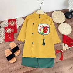 Áo dài cách tân cho bé, set áo dài nhung lì thêu đắp chữ “ An” kèm quần lụa cho bé trai 10-30kg