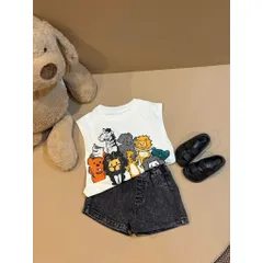 Quần áo bé trai, set bộ áo cotton tay hến họa tiết động vật kèm quần short jean cho bé 9-25kg