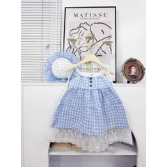 Váy cho bé gái, set váy 2 dây caro xanh kèm mũ vành xinh xắn, mát mẻ cho bé 10-30kg