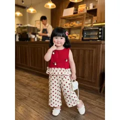 Đồ bộ bé gái, set bộ bé gái áo sát nách thô đũi sticker hình nấm kèm quần suông chấm bi dễ thương cho bé size 10-30kg