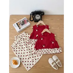Đồ bộ bé gái, set bộ bé gái áo sát nách thô đũi sticker hình nấm kèm quần suông chấm bi dễ thương cho bé size 10-30kg