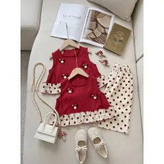 Đồ bộ bé gái, set bộ bé gái áo sát nách thô đũi sticker hình nấm kèm quần suông chấm bi dễ thương cho bé size 10-30kg
