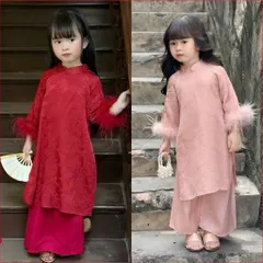 Áo dài cách tân cho bé, set áo dài gấm hoạ tiết dệt chìm ống tay phối lông kèm quần lụa cho bé gái 8-30kg