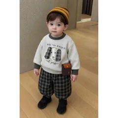Quần áo thu đông bé trai, Set bộ nỉ cotton ấm áp họa tiết thêu đắp chó Cute Happy kèm quần dạ kẻ cho bé 8–24kg