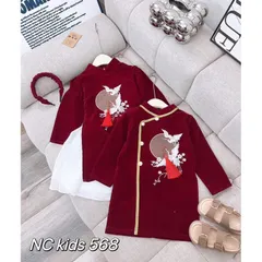 Áo dài cách tân cho bé, set cặp áo dài nhung phối viền ánh vành thêu họa tiết chim én cho bé trai và bé gái 8-30kg