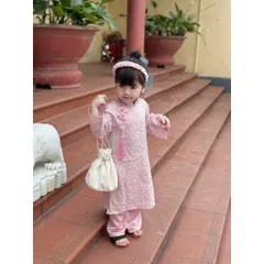 Áo dài cách tân cho bé gái, set 3ct: áo dài lụa vân hoa cúc tone hồng kèm quần và bờm cho bé 9-27kg