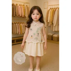 Váy bé gái, set váy trung thu áo cổ tàu kèm chân váy bồng cho bé 10-30kg