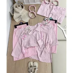 Áo dài cách tân cho bé gái, set 3ct: áo dài lụa vân hoa cúc tone hồng kèm quần và bờm cho bé 9-27kg