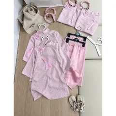 Áo dài cách tân cho bé gái, set 3ct: áo dài lụa vân hoa cúc tone hồng kèm quần và bờm cho bé 9-27kg