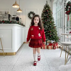 Váy cho bé gái, set áo nỉ 2 da Hàn cao cấp hoạ tiết tuần lộc kèm chân váy dạ xếp ly cho bé 10-30kg