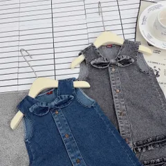 Váy cho bé gái, váy Jean suông cổ nơ năng động cho bé gái 10-32kg