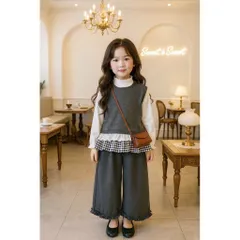 Quần áo bé gái, set bộ thu đông 3ct: áo len ghile màu ghi, áo thun và quần suông cho bé 10-35kg