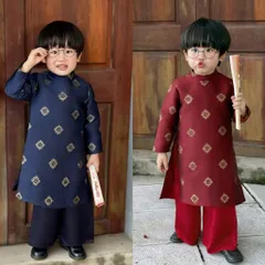 Áo dài cách tân bé trai, set áo dài gấm Tafta Ngọc Phượng lịch lãm cho bé 8-25kg