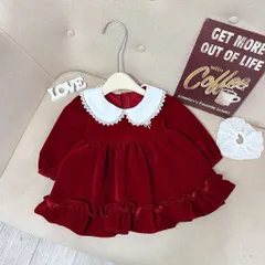Váy cho bé gái, Set váy nhung đỏ cổ sen phối ren dáng babydoll kèm dây buộc tóc – Cho bé 10–30kg