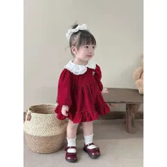 Váy cho bé gái, Set váy nhung đỏ cổ sen phối ren dáng babydoll kèm dây buộc tóc – Cho bé 10–30kg