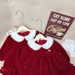 Váy cho bé gái, Set váy nhung đỏ cổ sen phối ren dáng babydoll kèm dây buộc tóc – Cho bé 10–30kg