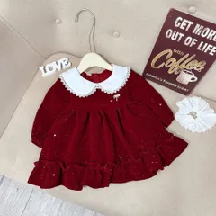 Váy cho bé gái, Set váy nhung đỏ cổ sen phối ren dáng babydoll kèm dây buộc tóc – Cho bé 10–30kg