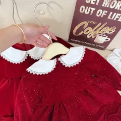 Váy cho bé gái, Set váy nhung đỏ cổ sen phối ren dáng babydoll kèm dây buộc tóc – Cho bé 10–30kg
