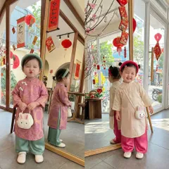Áo dài cách tân cho bé gái, set 3ct áo dài tơ tằm ánh kim cao cấp cho bé 10-30kg