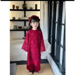 Áo dài cách tân cho bé gái, set áo dài 2 lớp ren lông cổ nơ thanh lịch kèm quần lụa cho bé 10-30kg
