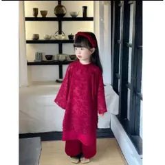 Áo dài cách tân cho bé gái, set áo dài 2 lớp ren lông cổ nơ thanh lịch kèm quần lụa cho bé 10-30kg