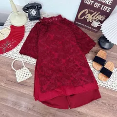 Áo dài cách tân cho bé gái, set áo dài 2 lớp ren lông cổ nơ thanh lịch kèm quần lụa cho bé 10-30kg