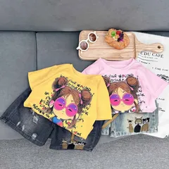 Quần áo bé gái, set bộ áo cotton cô gái kính hồng kèm quần short đùi thêu mèo cho bé 18-40kg