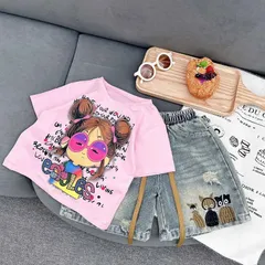 Quần áo bé gái, set bộ áo cotton cô gái kính hồng kèm quần short đùi thêu mèo cho bé 18-40kg