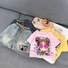 Quần áo bé gái, set bộ áo cotton cô gái kính hồng kèm quần short đùi thêu mèo cho bé 18-40kg