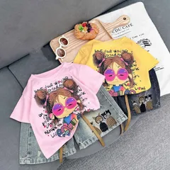 Quần áo bé gái, set bộ áo cotton cô gái kính hồng kèm quần short đùi thêu mèo cho bé 18-40kg