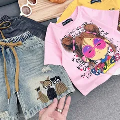 Quần áo bé gái, set bộ áo cotton cô gái kính hồng kèm quần short đùi thêu mèo cho bé 18-40kg